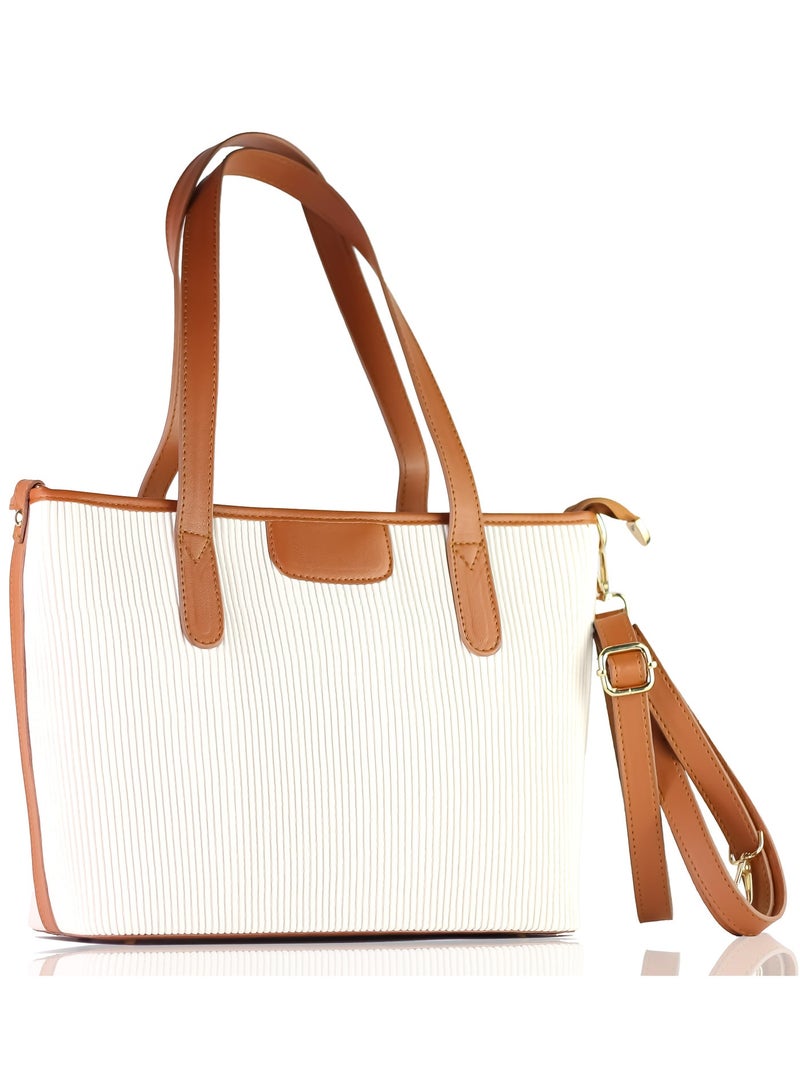 Premium Ribbed Textured Tote Bag for Women - Two-Tone Elegant Handbag with Detachable Shoulder Strap - white & Light Brown - Image 1
